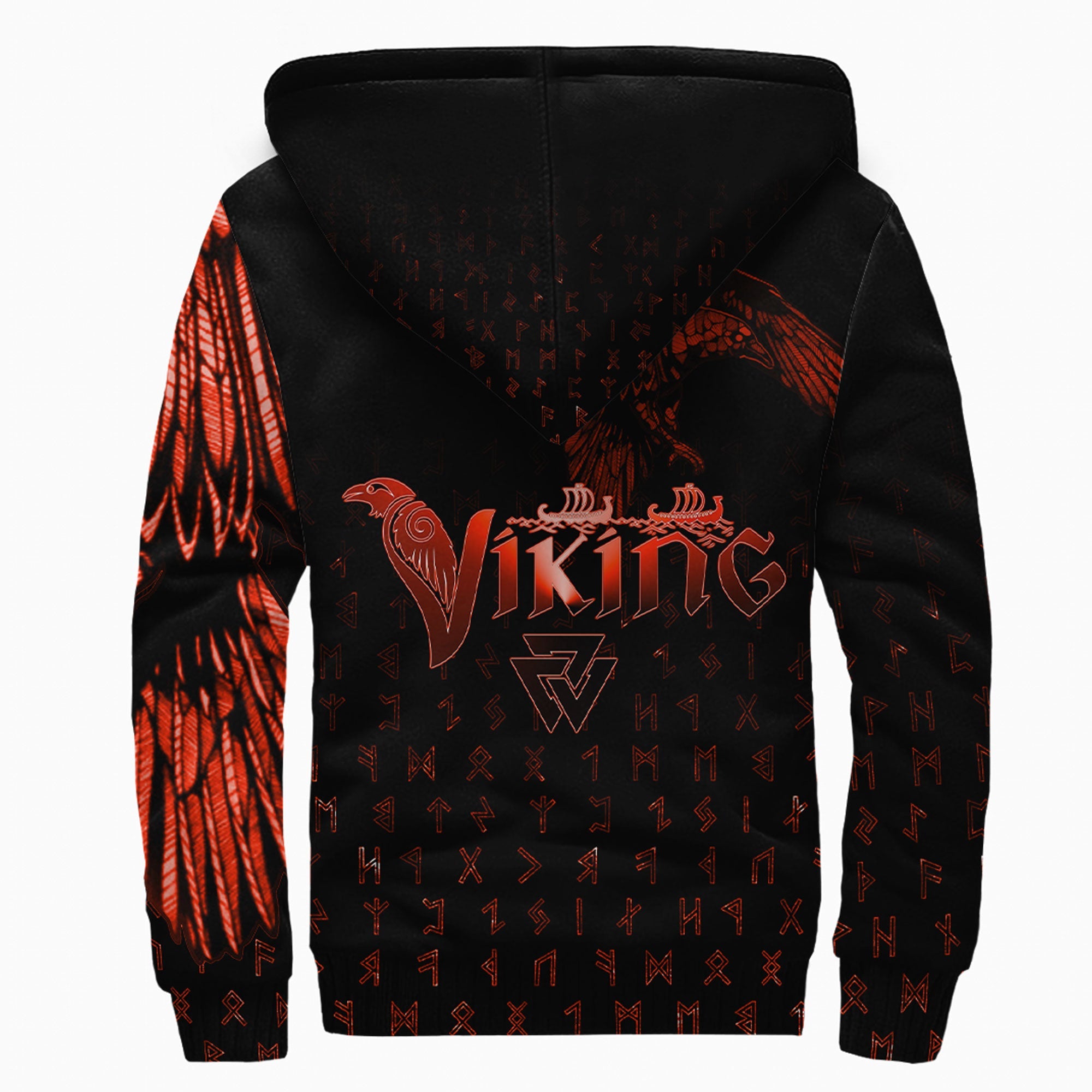 Viking Sherpa Hoodie Raven Helm of Awe Red