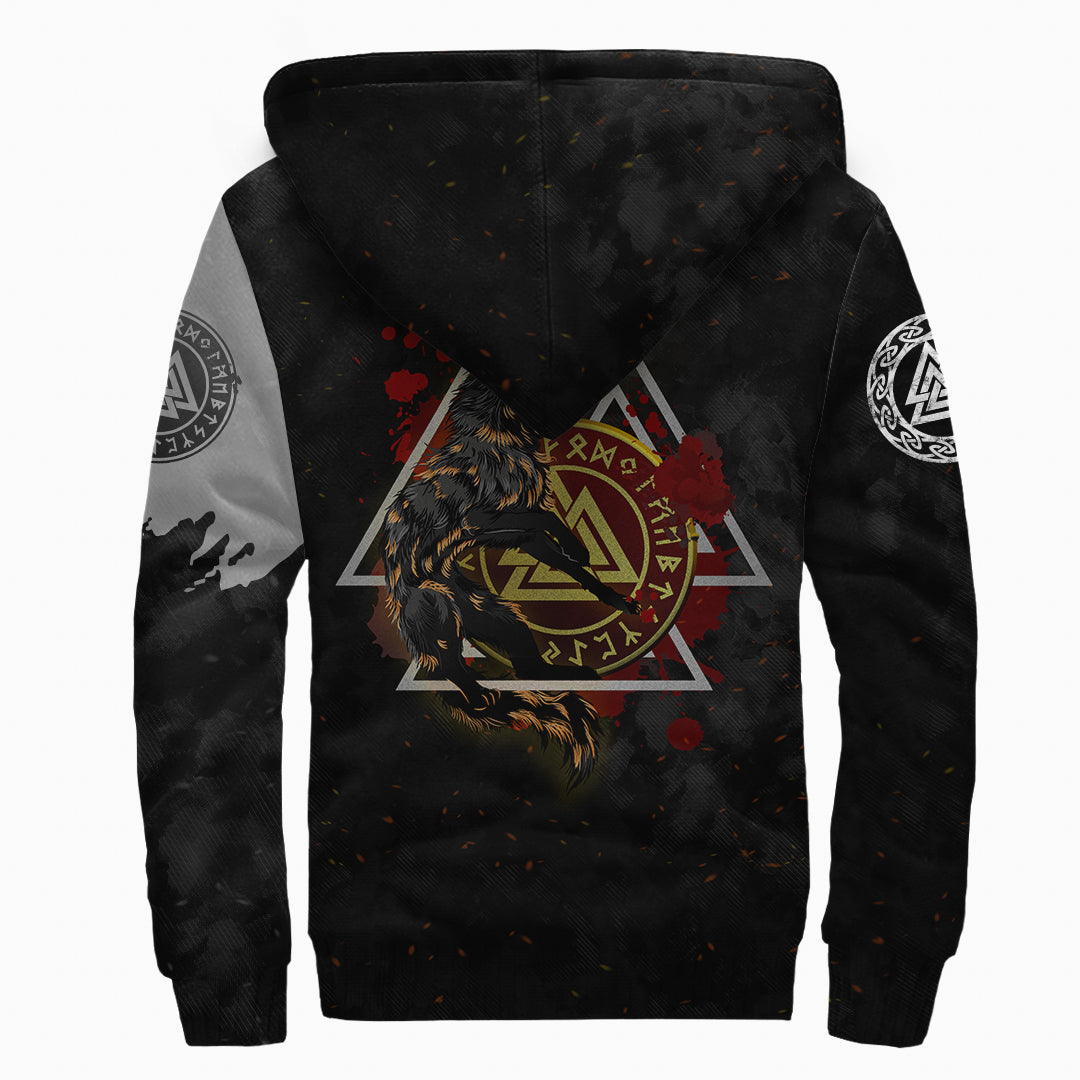 Viking Sherpa Hoodie Wolf Fenrir Moon and Raven