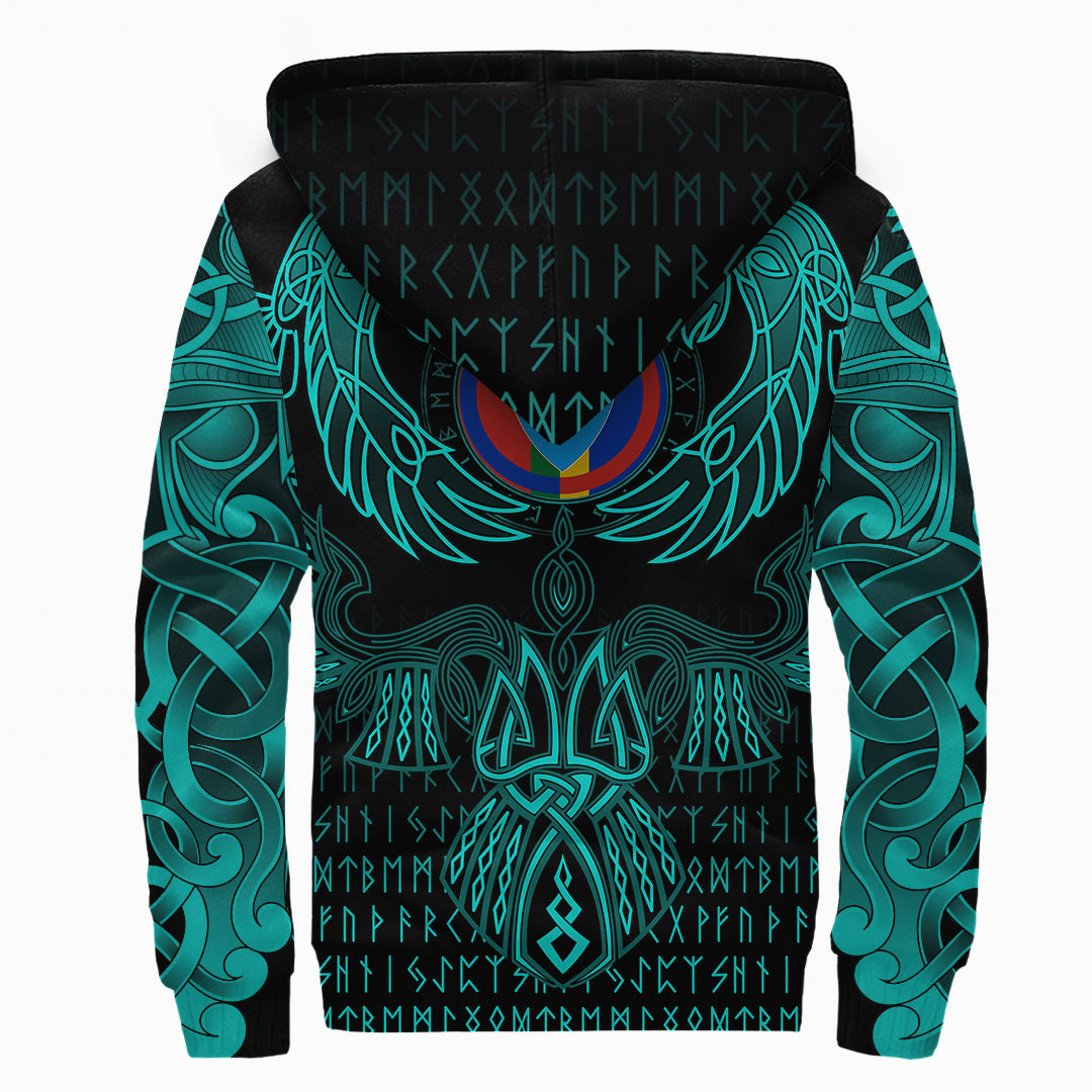 Viking Sherpa Hoodie Sami Valknut of Odin Cyan