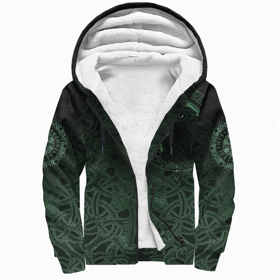 Viking Sherpa Hoodie Ethnic Odin Raven Green