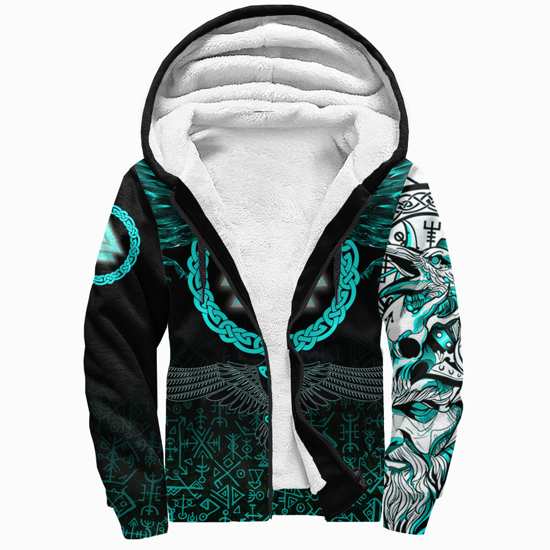 Viking Sherpa Hoodie Three Raven and Valknut Cyan