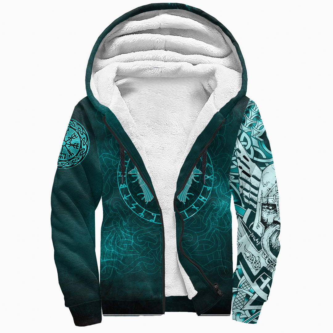 Viking Sherpa Hoodie Cyan Spear Of The God Odin Gungnir And Two Cyan Ravens Style