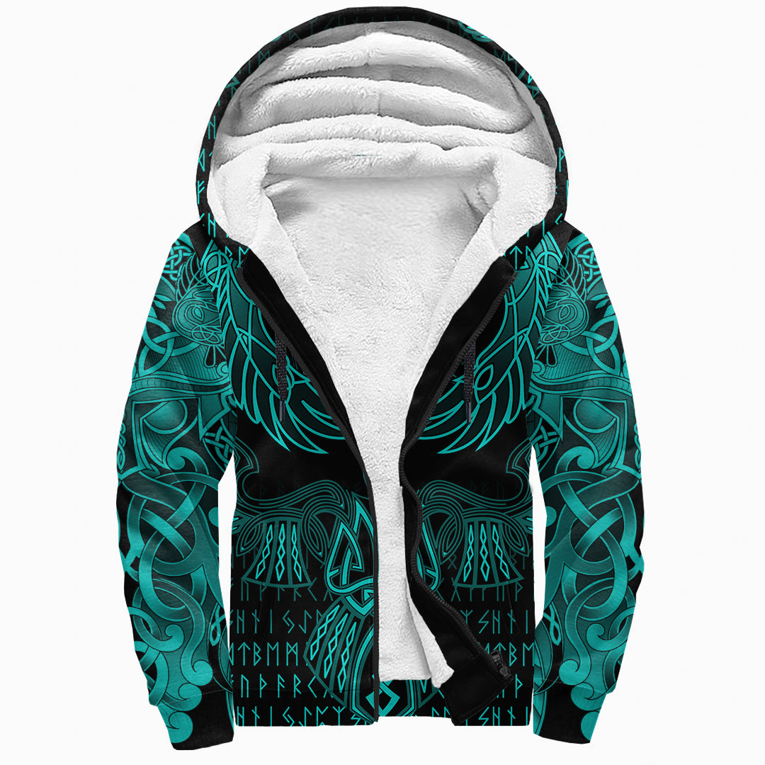 Viking Sherpa Hoodie Sami Valknut of Odin Cyan