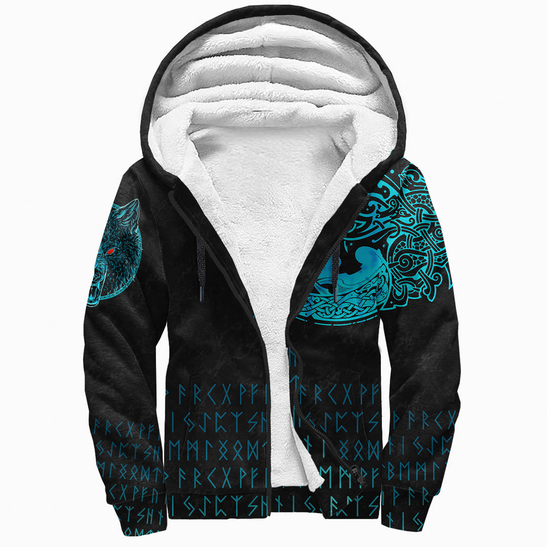 Viking Sherpa Hoodie Fenrir Wolf Cyan