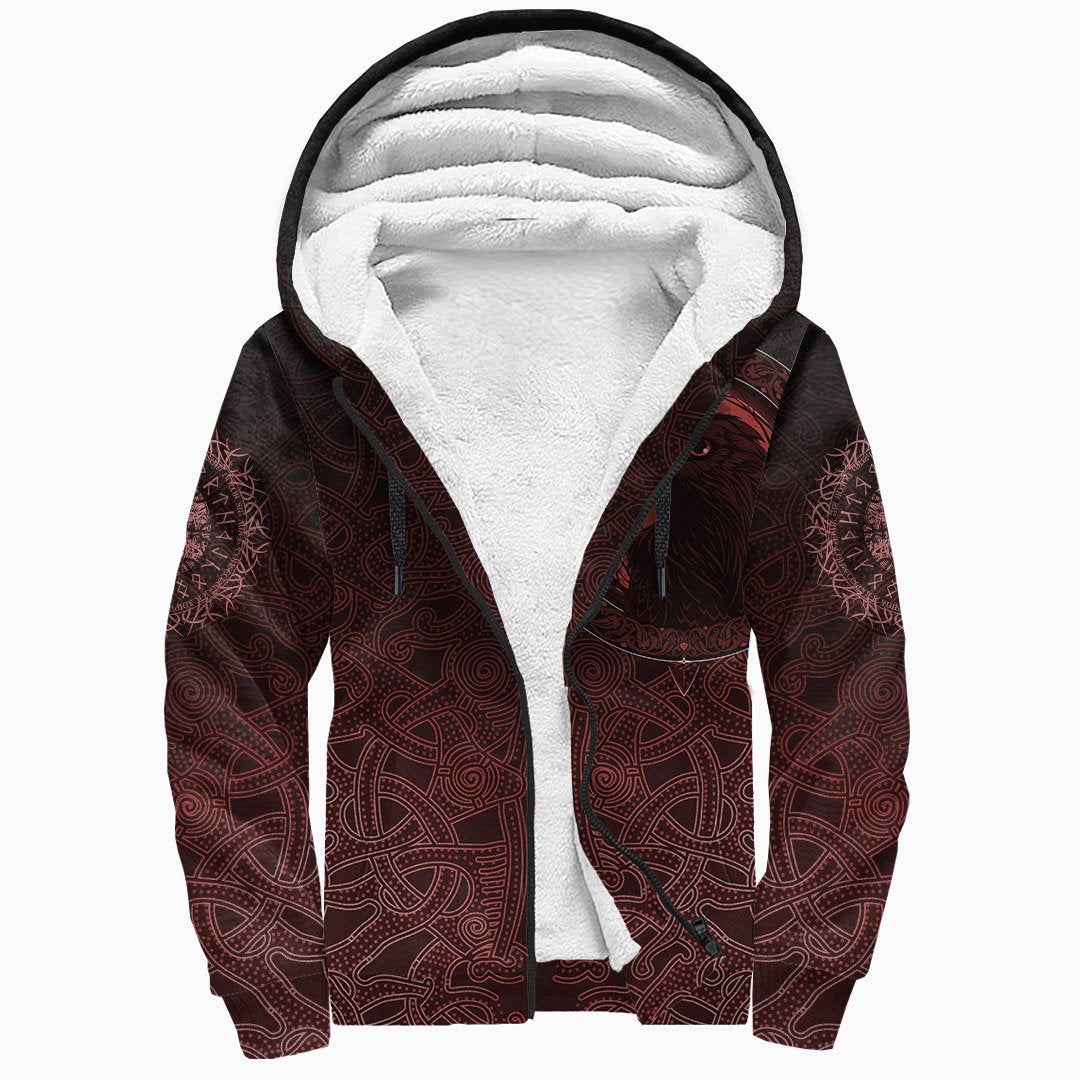 Viking Sherpa Hoodie Ethnic Odin Raven Red