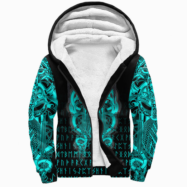 Custom Viking Sherpa Hoodie Tyr Tattoo Cyan