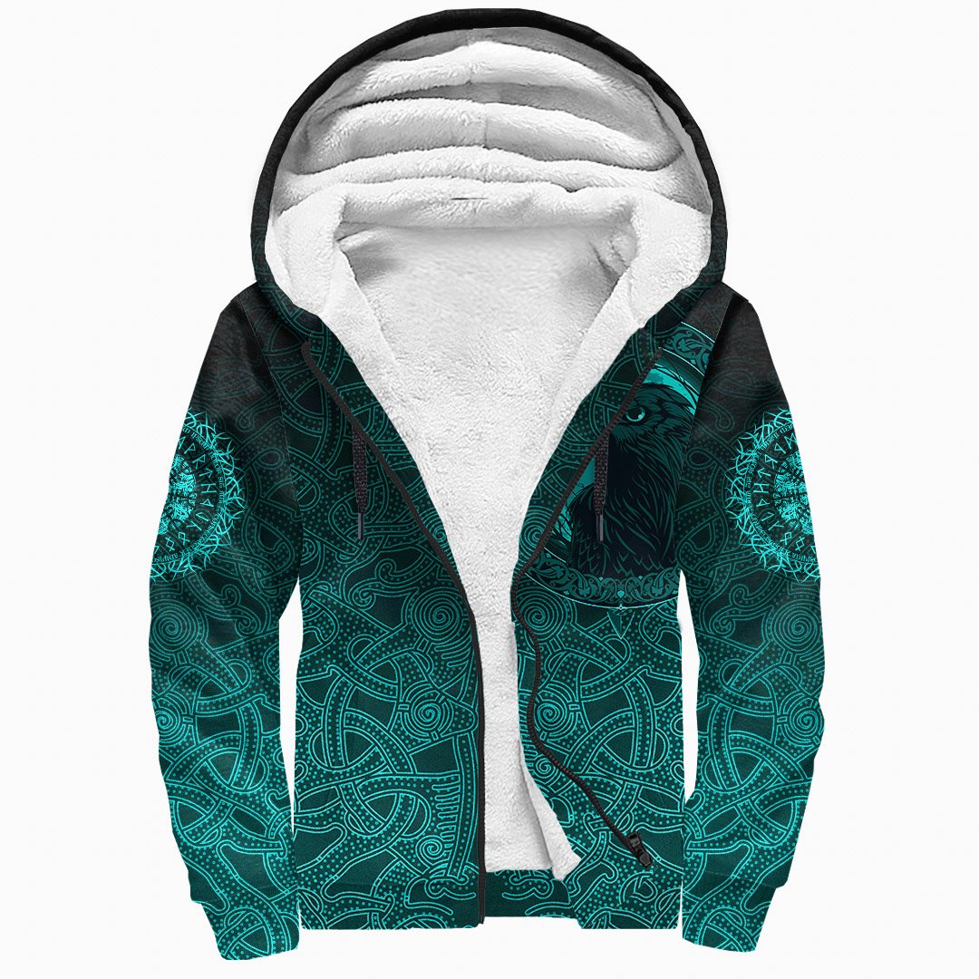 Viking Sherpa Hoodie Ethnic Odin Raven Cyan