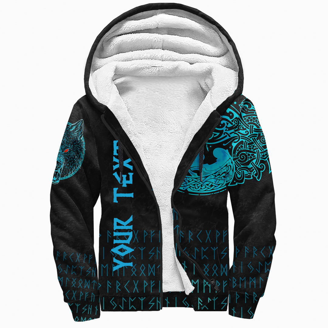 Custom Viking Sherpa Hoodie Fenrir Wolf Cyan