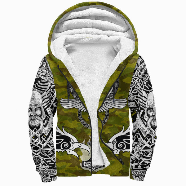 Viking Sherpa Hoodie Raven Of Odin and Symbol on Camo Background