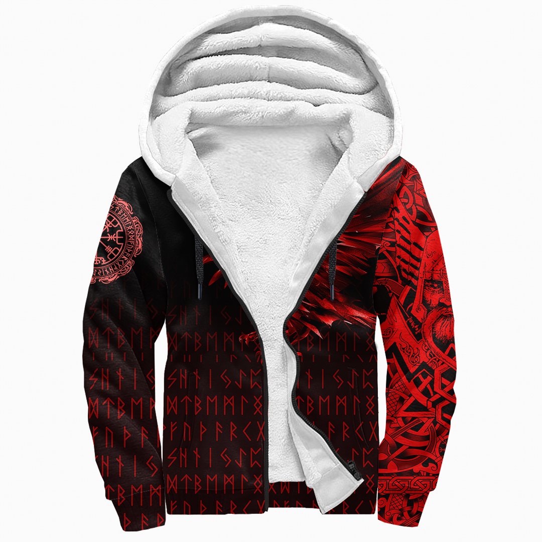 Viking Sherpa Hoodie The Raven Of Odin Rune Red