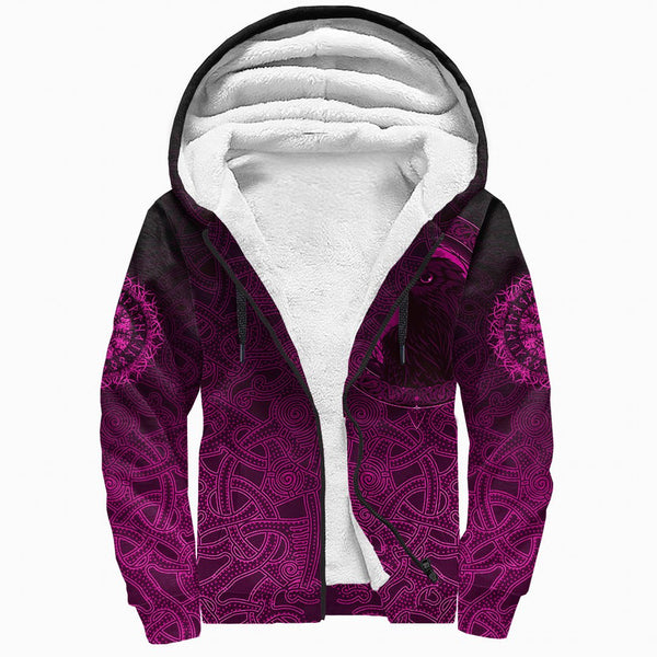 Viking Sherpa Hoodie Ethnic Odin Raven Pink