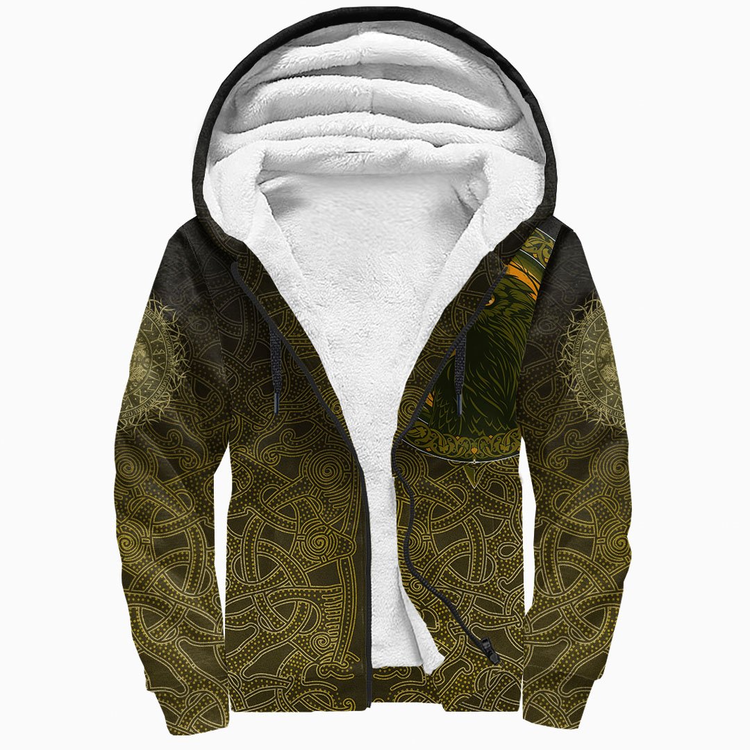 Viking Sherpa Hoodie Ethnic Odin Raven Gold