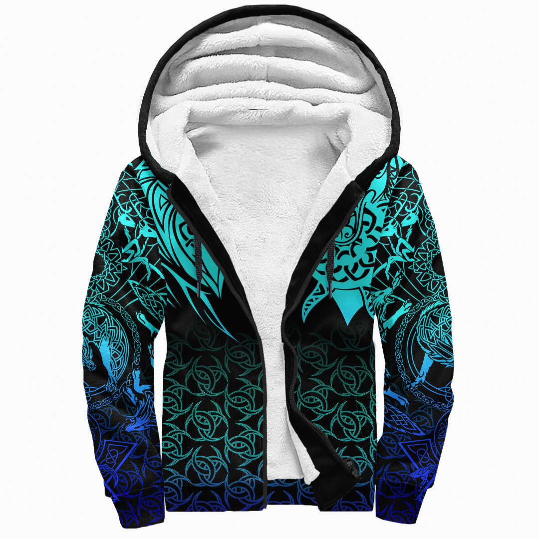 Viking Sherpa Hoodie Hati and Skoll Tattoo Cyan