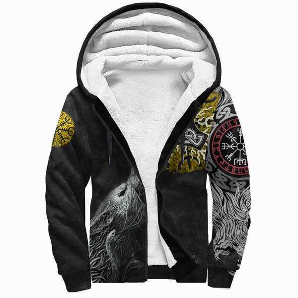 Custom Viking Sherpa Hoodie Fenrir Fight Mjolnir of Thor on Helm Of Awe