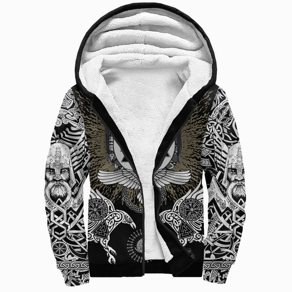 Viking Sherpa Hoodie Raven Valknut and Vegvisir