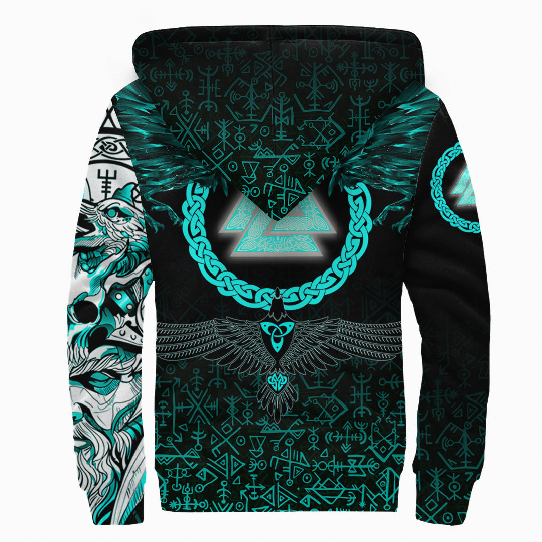 Viking Sherpa Hoodie Three Raven and Valknut Cyan