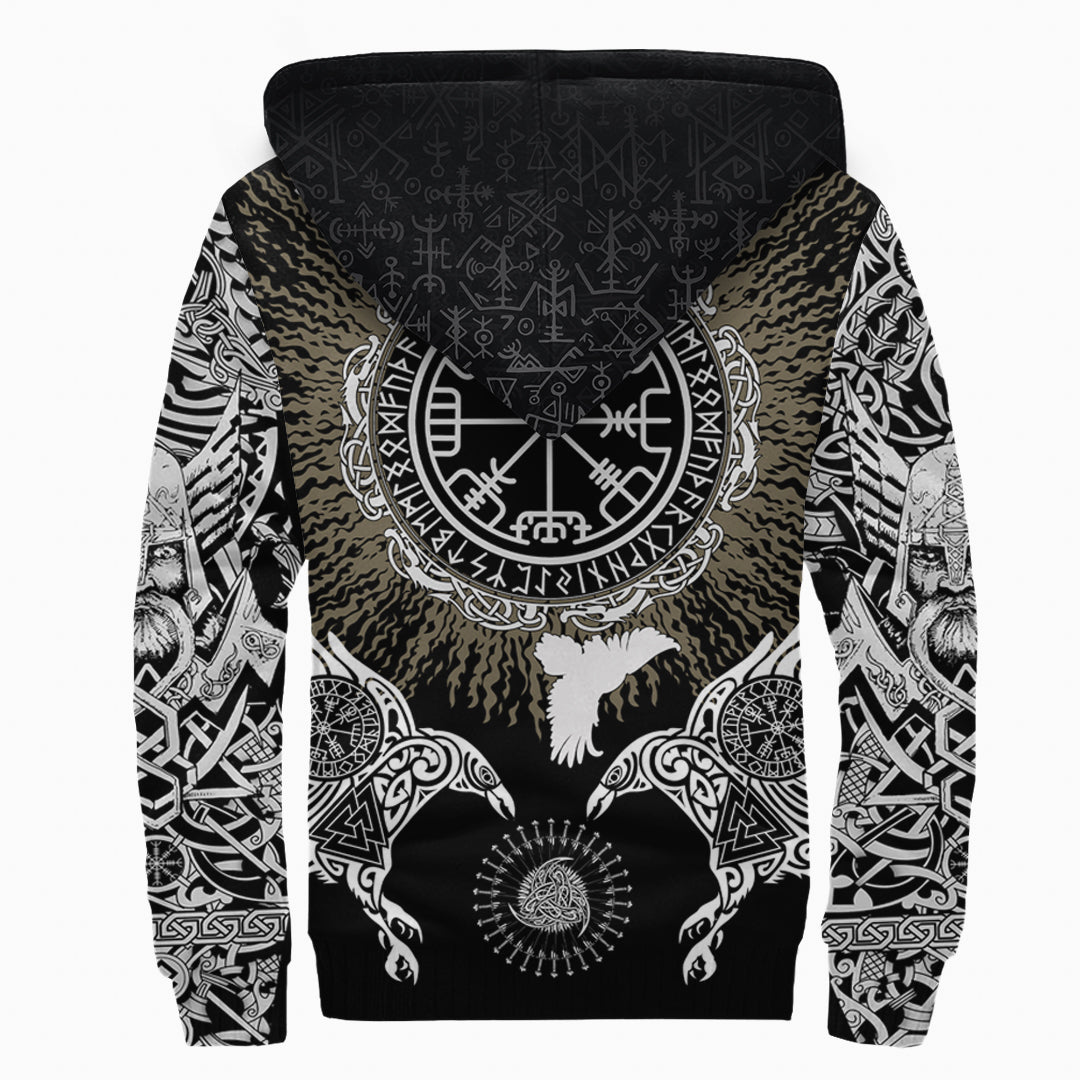 Viking Sherpa Hoodie Raven Valknut and Vegvisir