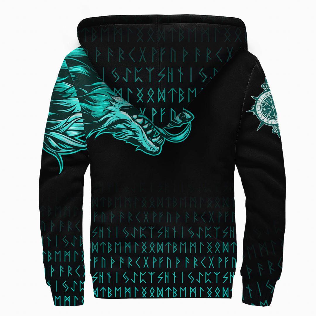 Viking Sherpa Hoodie Fenrir Wolf Cyan Near Shoulder