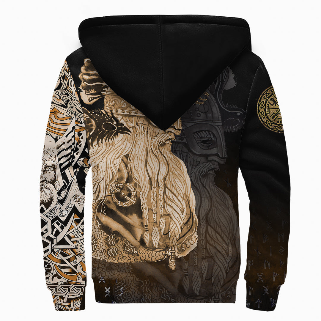 Viking Sherpa Hoodie Odin Raven Gold Style