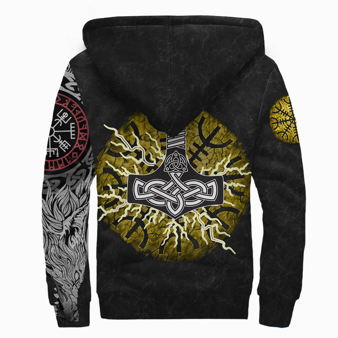 Viking Sherpa Hoodie Fenrir Fight Mjolnir of Thor on Helm Of Awe