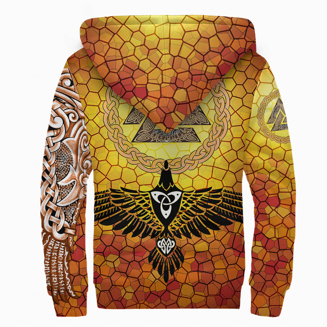 Viking Sherpa Hoodie Raven Of Odin And Drakkar On Fire On Vignette Gold Valknut