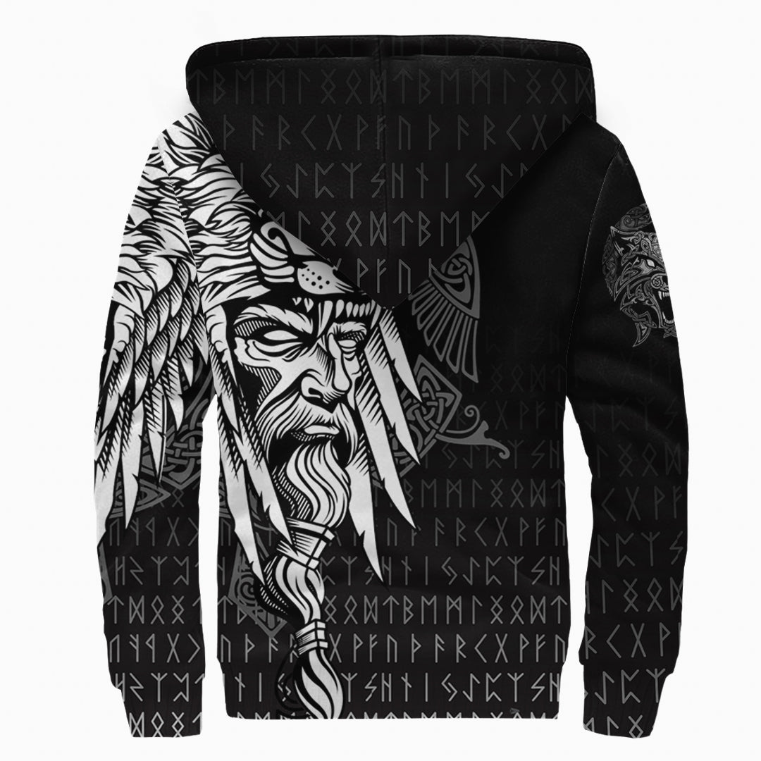 Viking Sherpa Hoodie Odin Raven and Fenrir on Hand