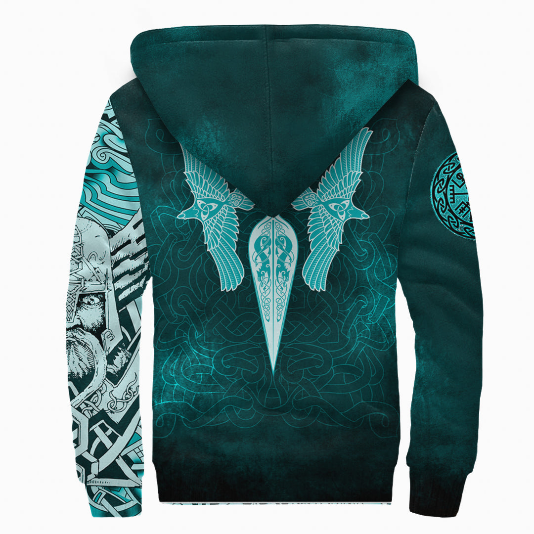 Viking Sherpa Hoodie Cyan Spear Of The God Odin Gungnir And Two Cyan Ravens Style