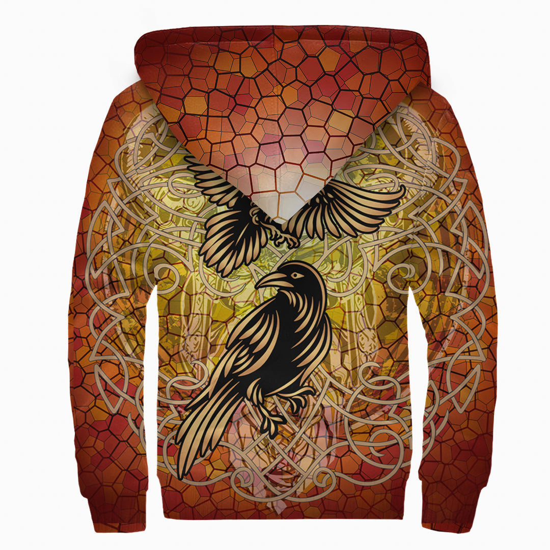 Viking Sherpa Hoodie Celtic Symbol Huginn and Muninn of Odin on Yggdrasil Gold