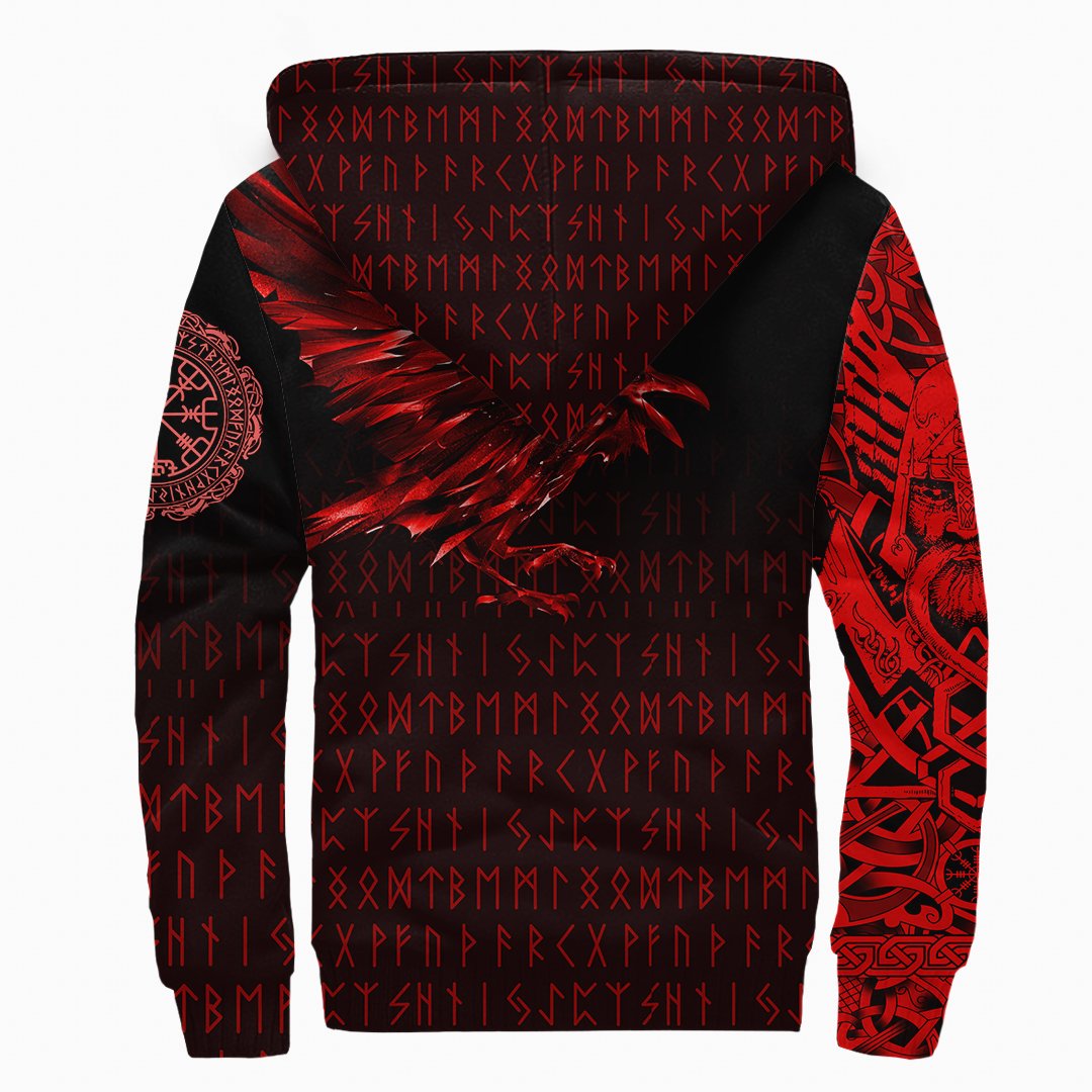 Viking Sherpa Hoodie The Raven Of Odin Rune Red