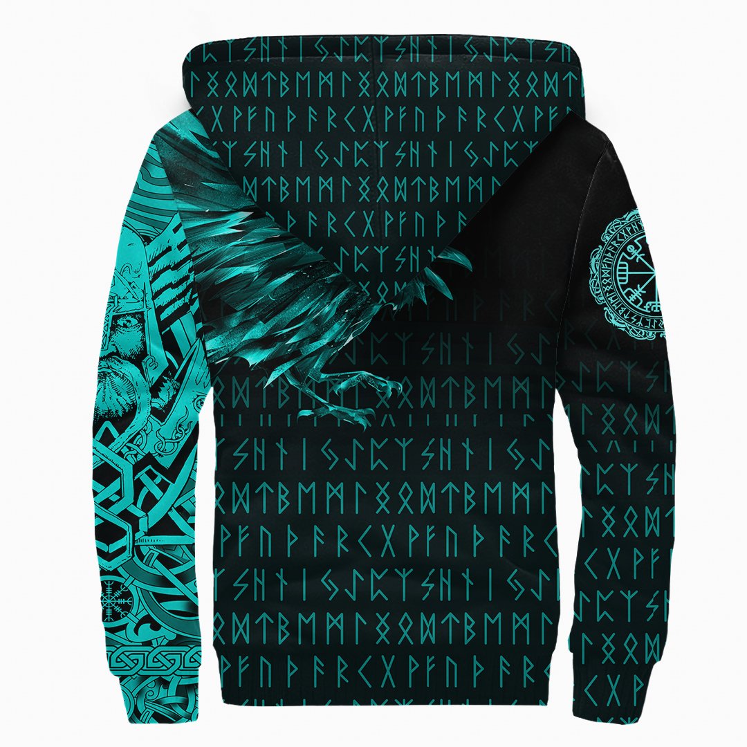 Viking Sherpa Hoodie The Raven Of Odin Rune Cyan