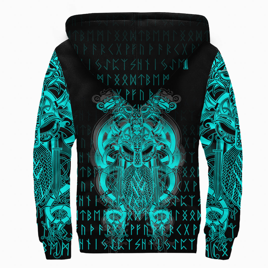 Custom Viking Sherpa Hoodie Tyr Tattoo Cyan