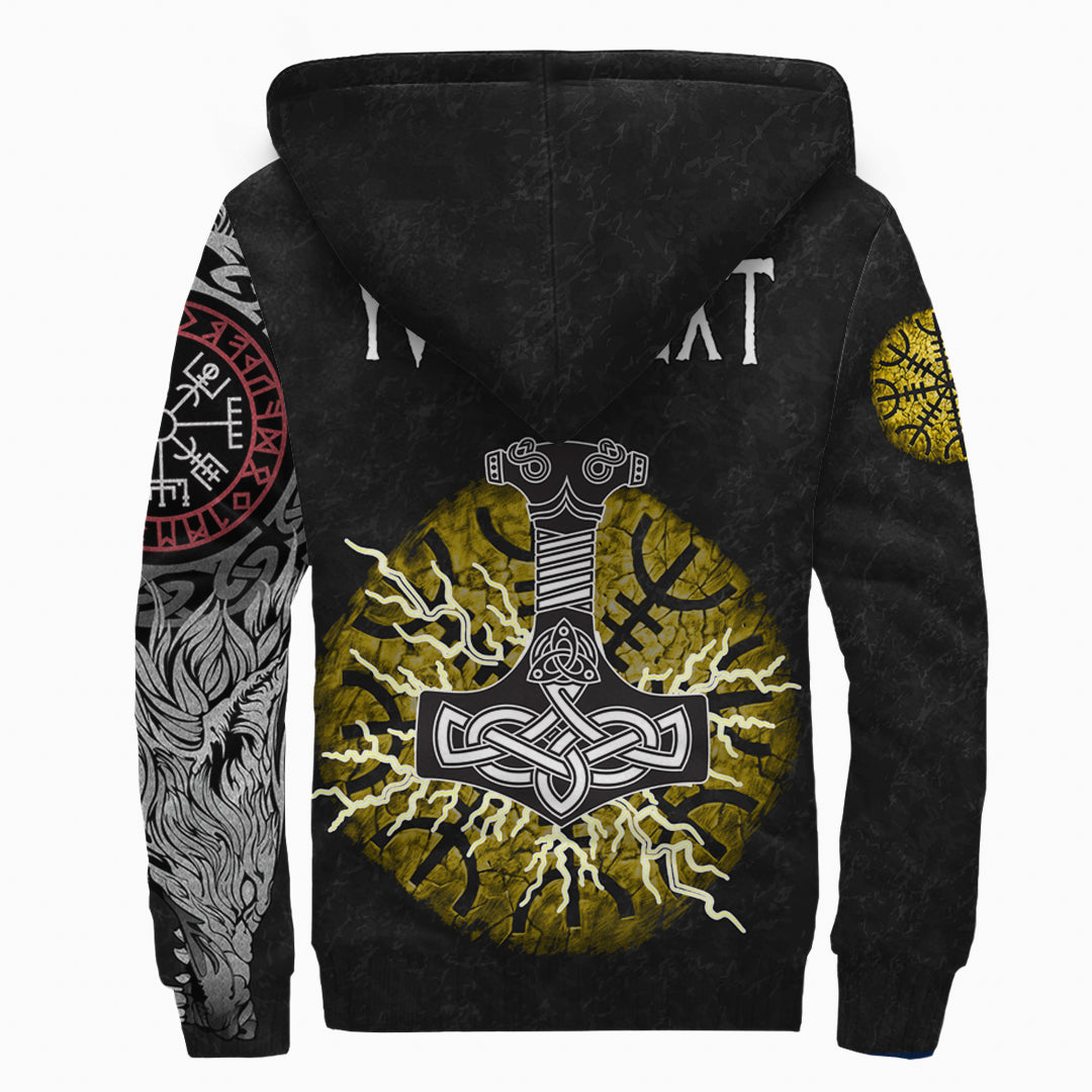 Custom Viking Sherpa Hoodie Fenrir Fight Mjolnir of Thor on Helm Of Awe