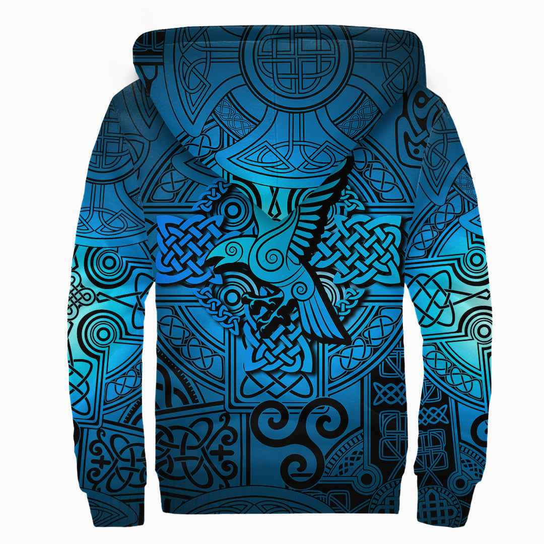 Viking Sherpa Hoodie Raven Odin Celtic Cyan