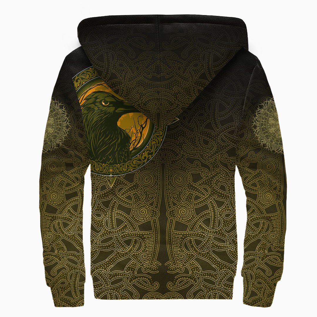 Viking Sherpa Hoodie Ethnic Odin Raven Gold