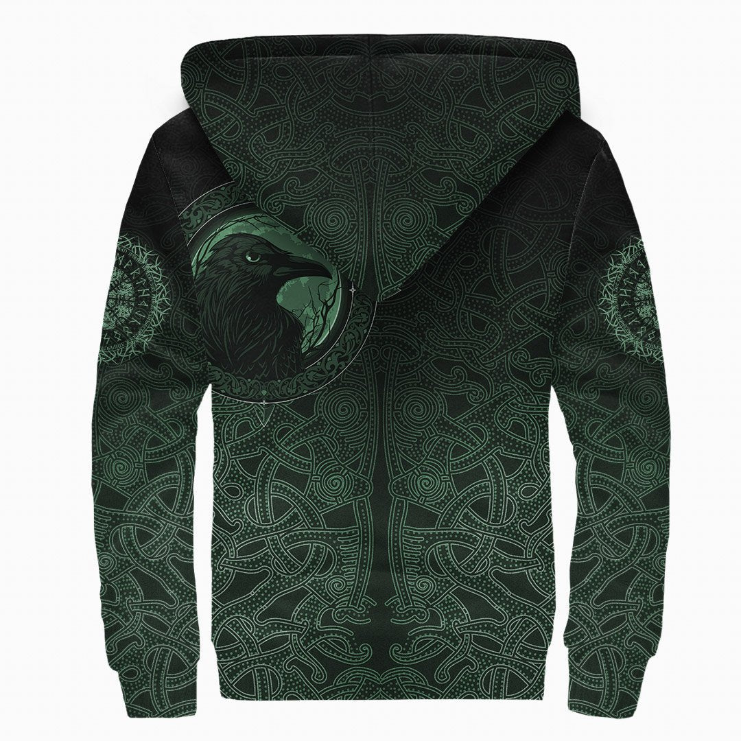 Viking Sherpa Hoodie Ethnic Odin Raven Green