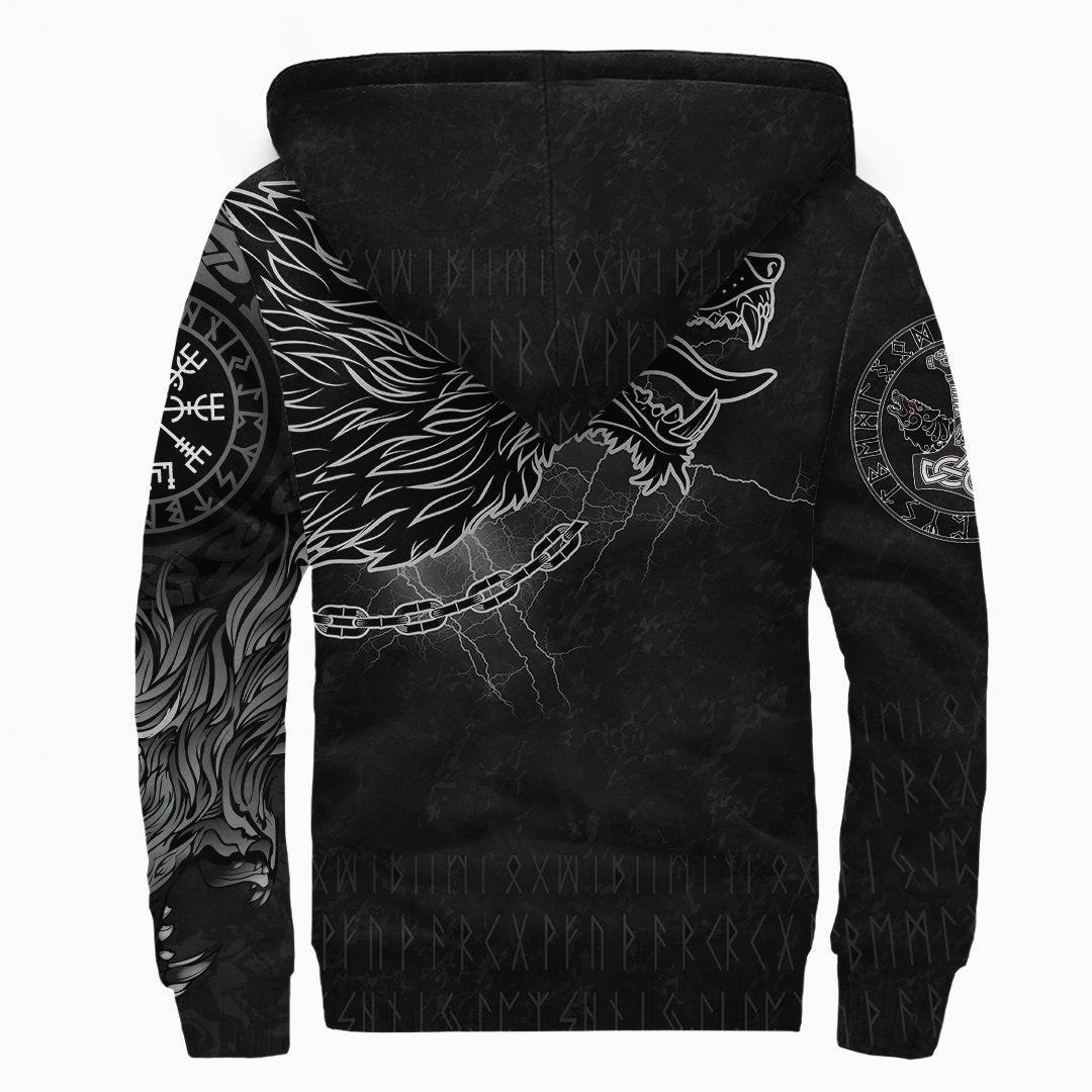 Custom Viking Sherpa Hoodie Fenrir Norse Wolf Thunderstorm