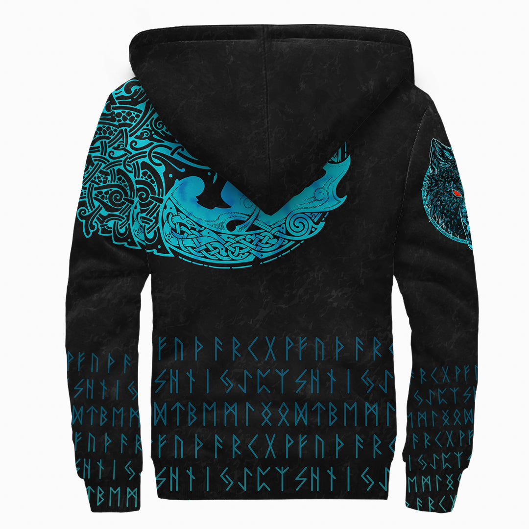 Viking Sherpa Hoodie Fenrir Wolf Cyan