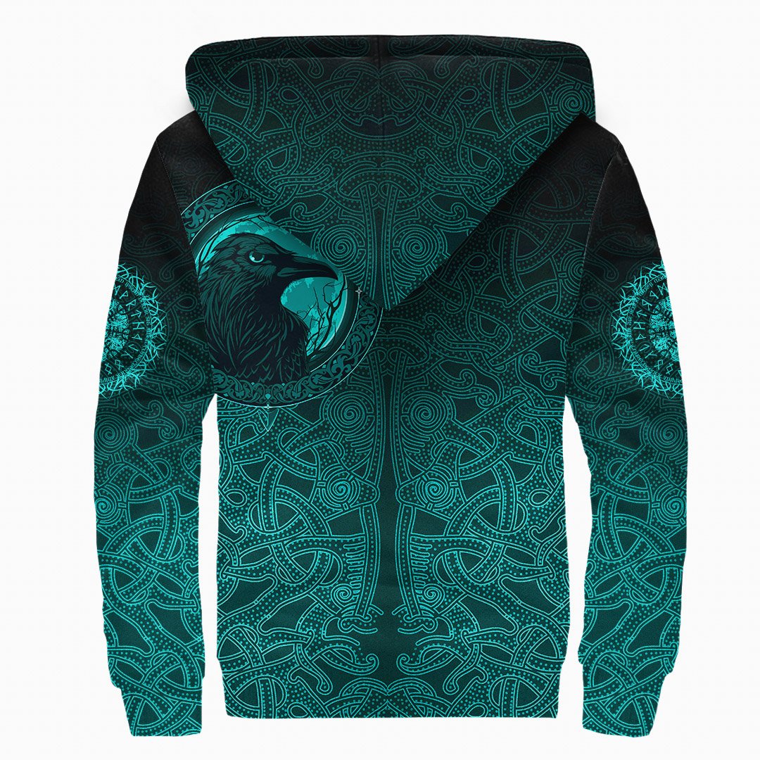 Viking Sherpa Hoodie Ethnic Odin Raven Cyan