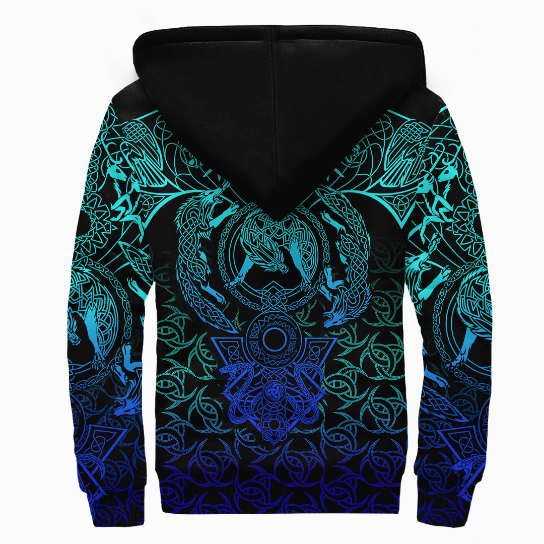 Viking Sherpa Hoodie Hati and Skoll Tattoo Cyan