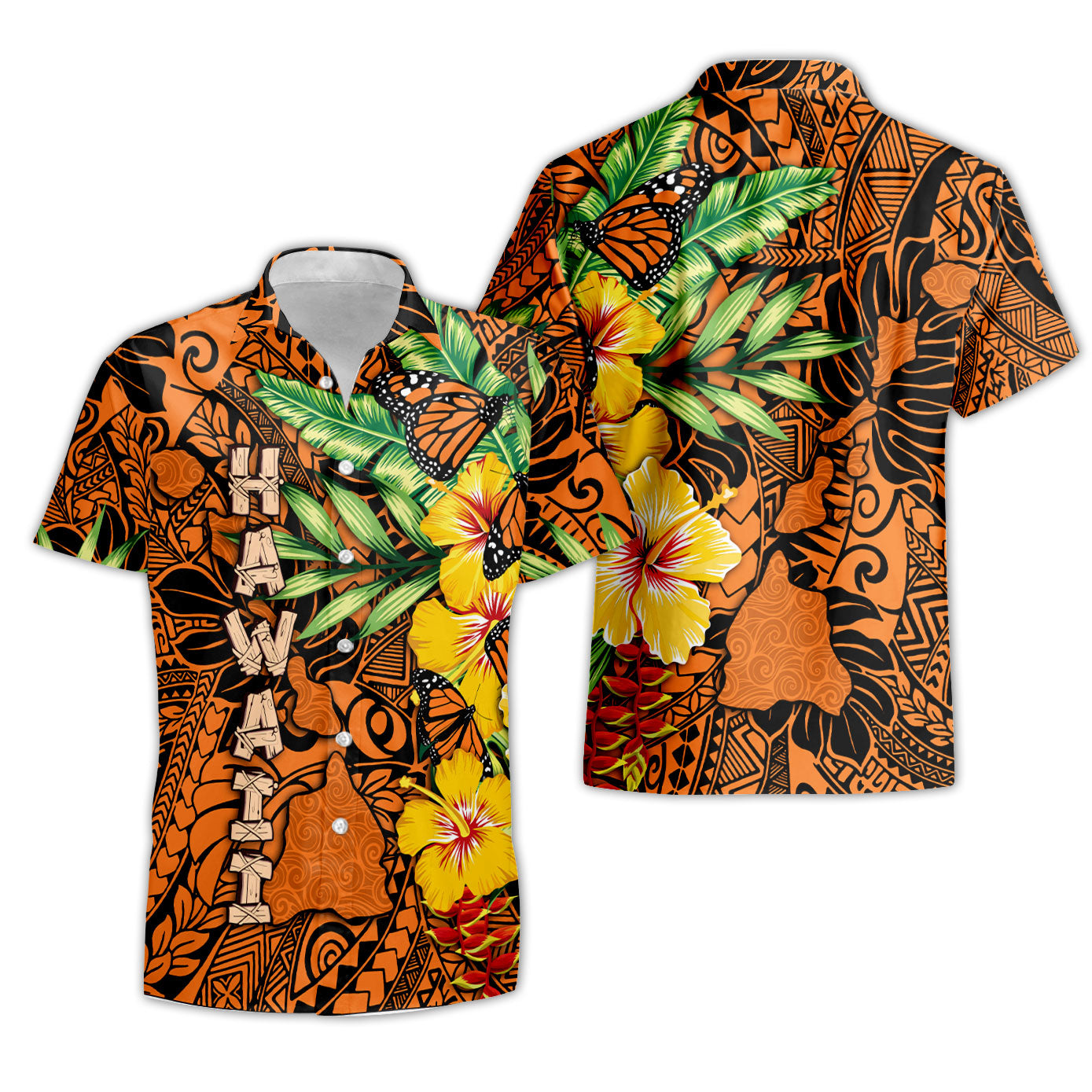 Hawaii Short Sleeve Shirt Kamehameha Butterfly Tropical Style