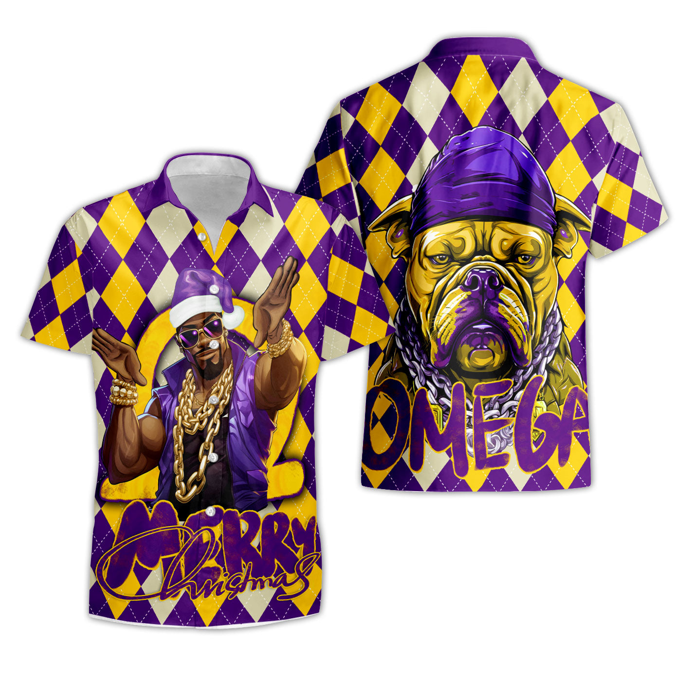 Fraternity Shirt - OPP Christmas Short Sleeve Shirt Bulldog Purple Gold Caro Pattern Style