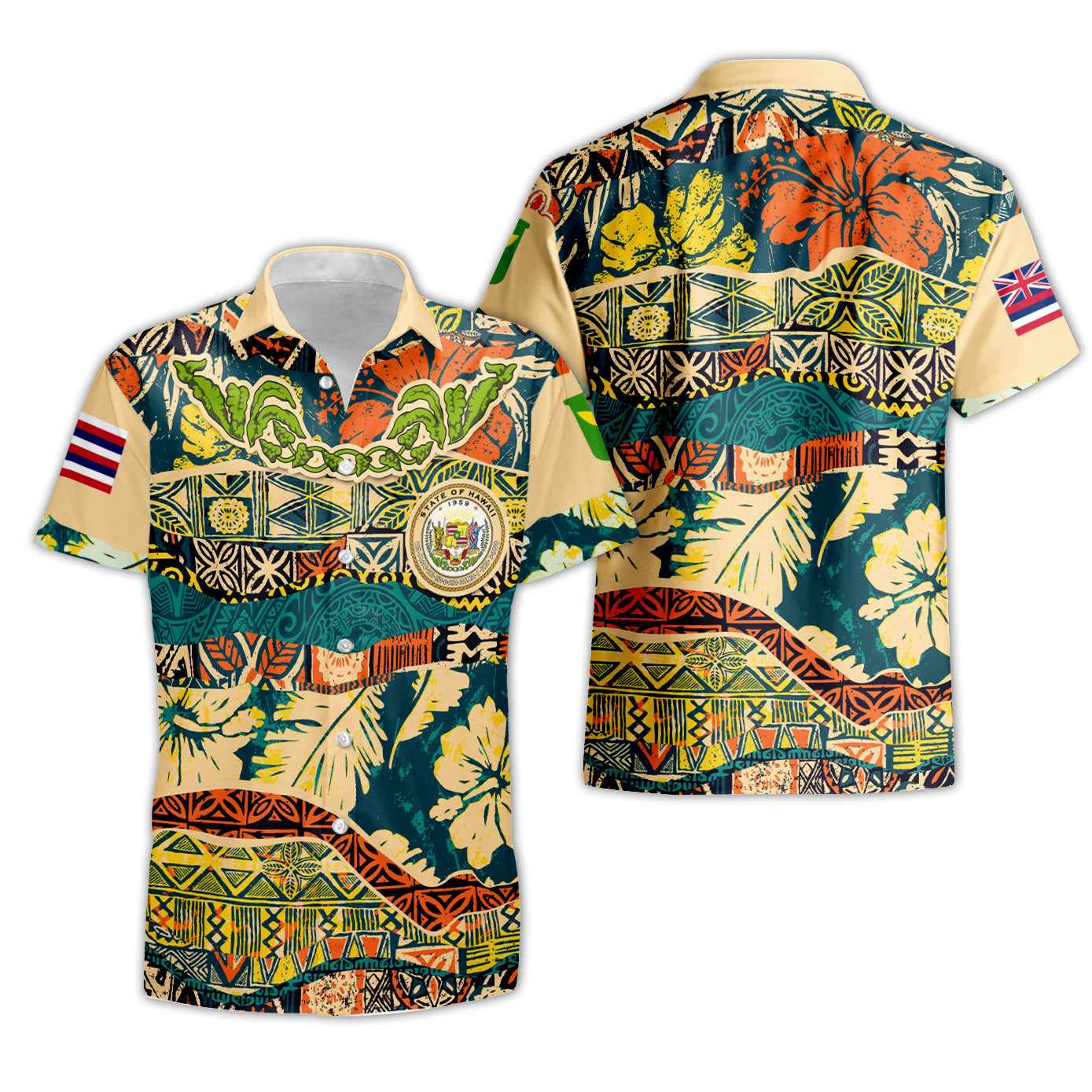 Hawaii Flag Short Sleeve Shirt Coat Of Arm Style