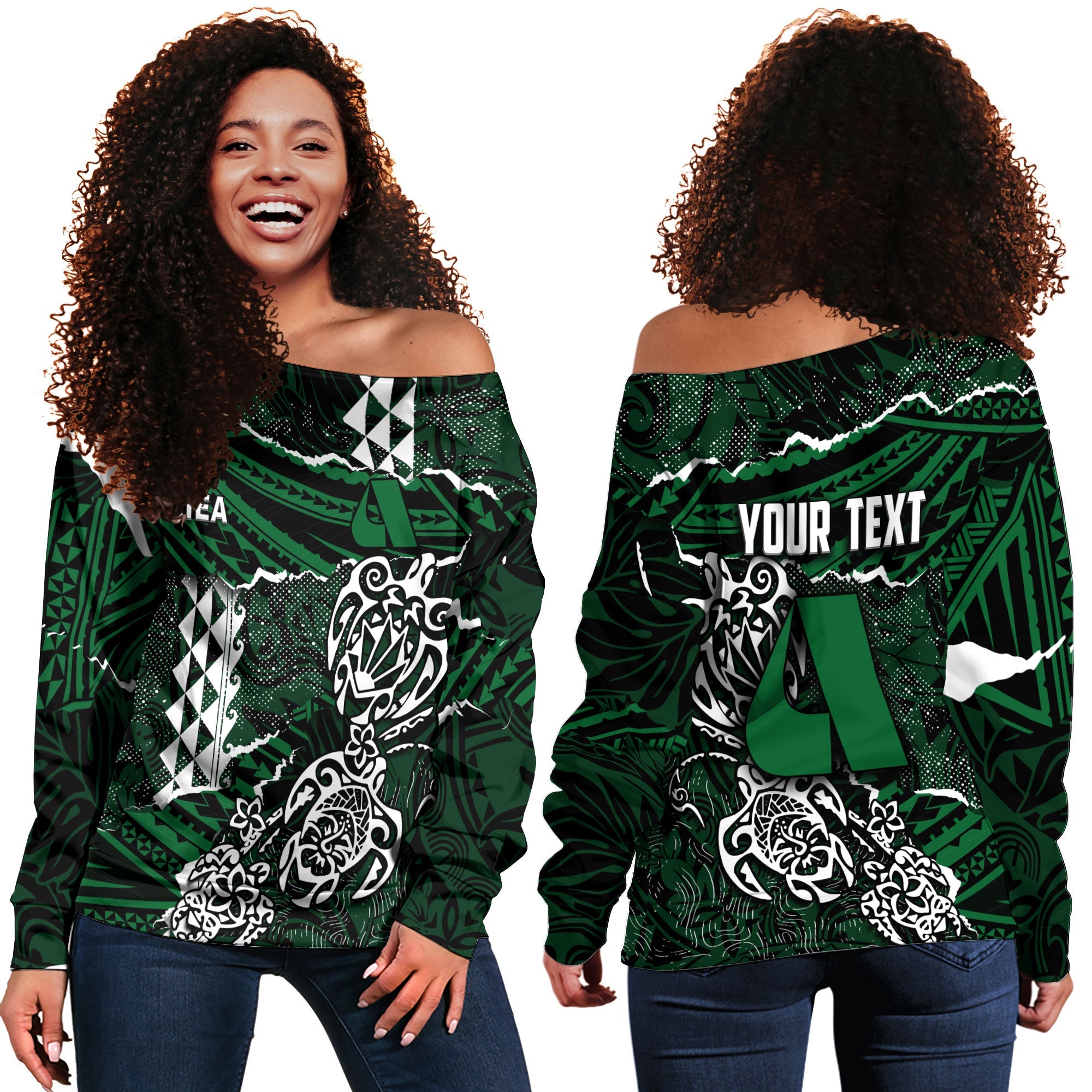 Hawaii Aiea High School Custom Women Off Shoulder Sweatshirt Polynesian Turtle Style