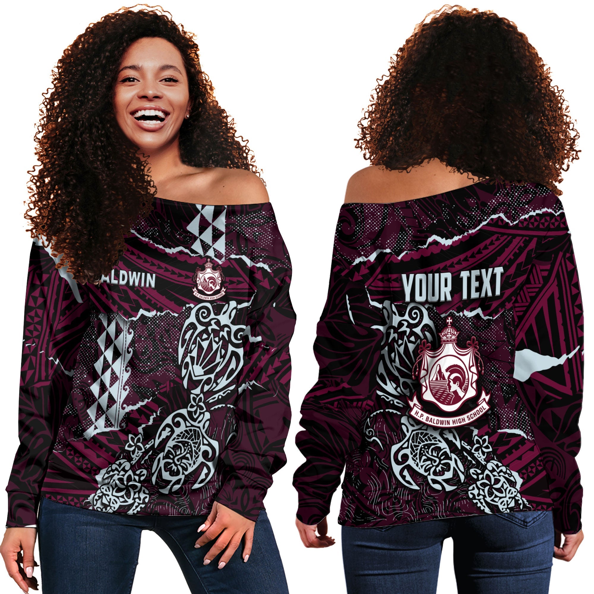 Hawaii Baldwin High School Custom Women Off Shoulder Sweatshirt Polynesian Turtle Style