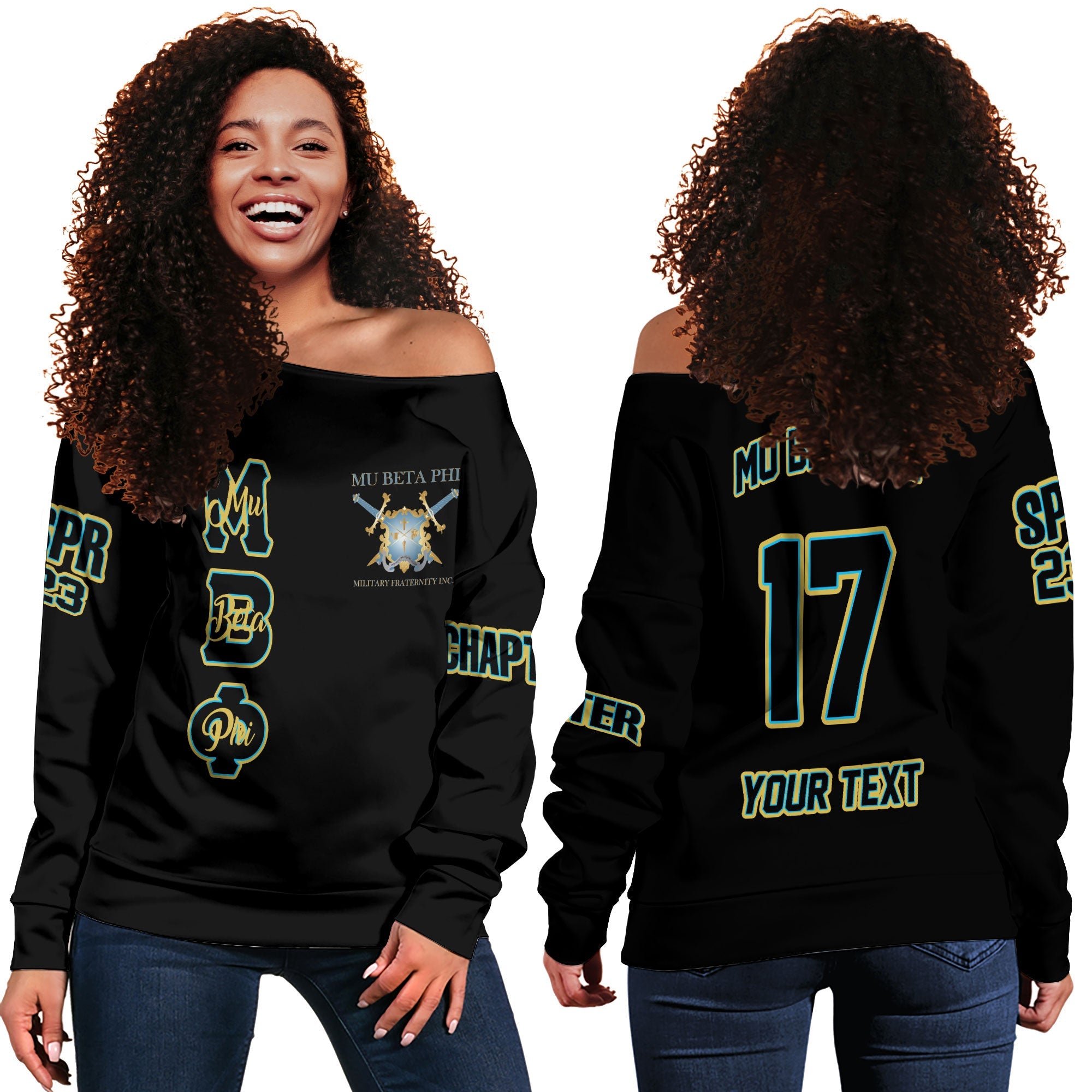 Fraternity Sweatshirt - Personalized Mu Beta Phi Women Off Shoulder Sweatshirt Original Black Style