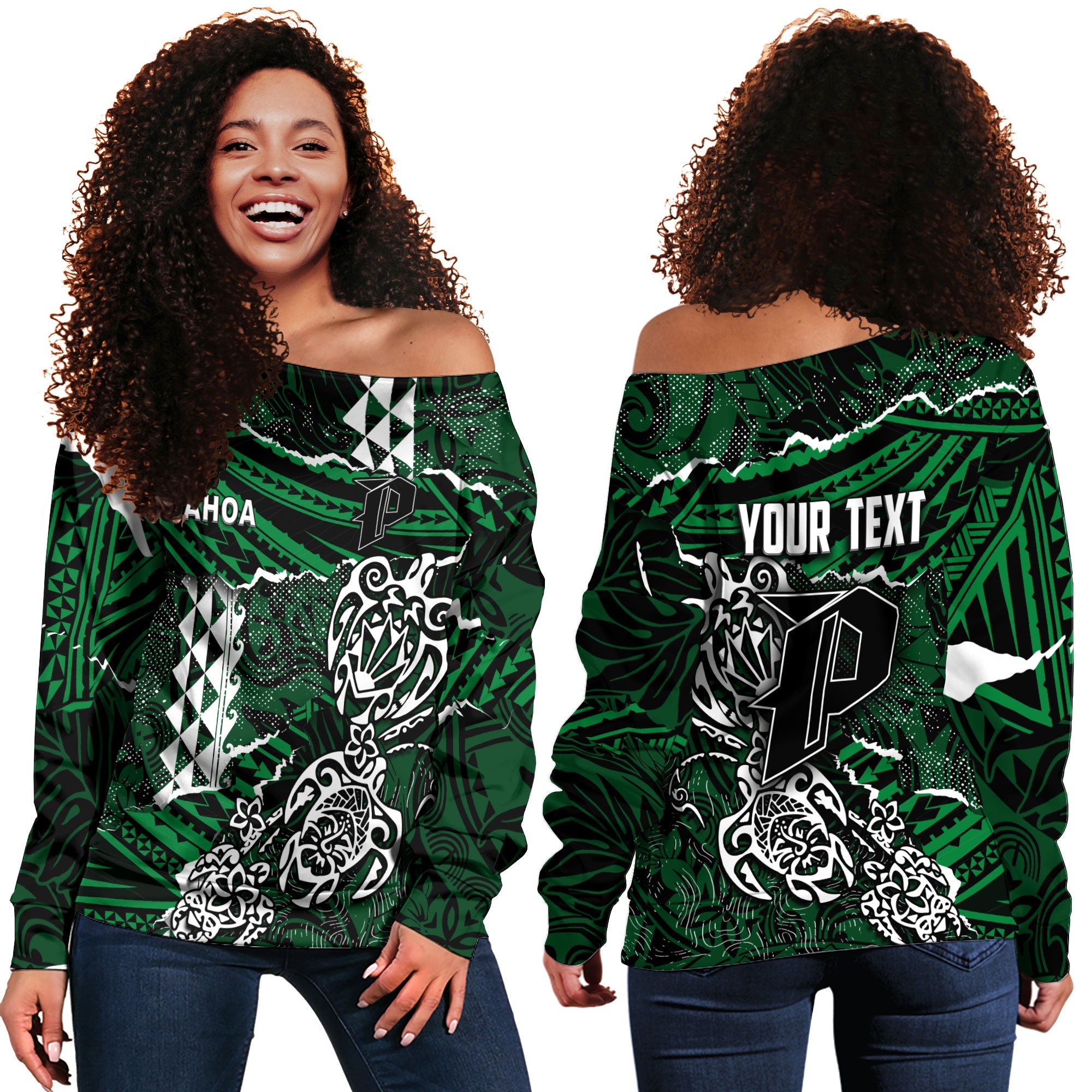 Hawaii Pahoa High & Intermediate School Custom Women Off Shoulder Sweatshirt Polynesian Turtle Style