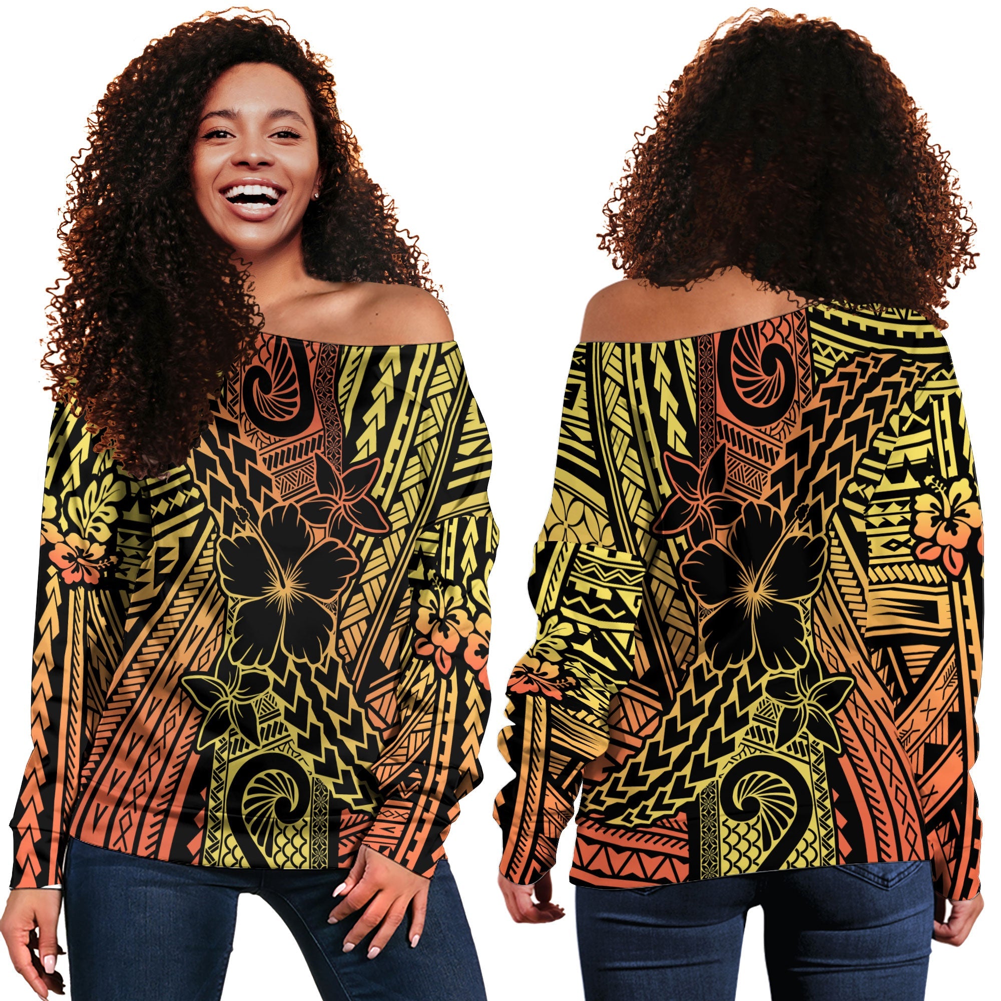 Hawaiian Reggae Women Off Shoulder Sweatshirt Polynesian Hibiscus Style