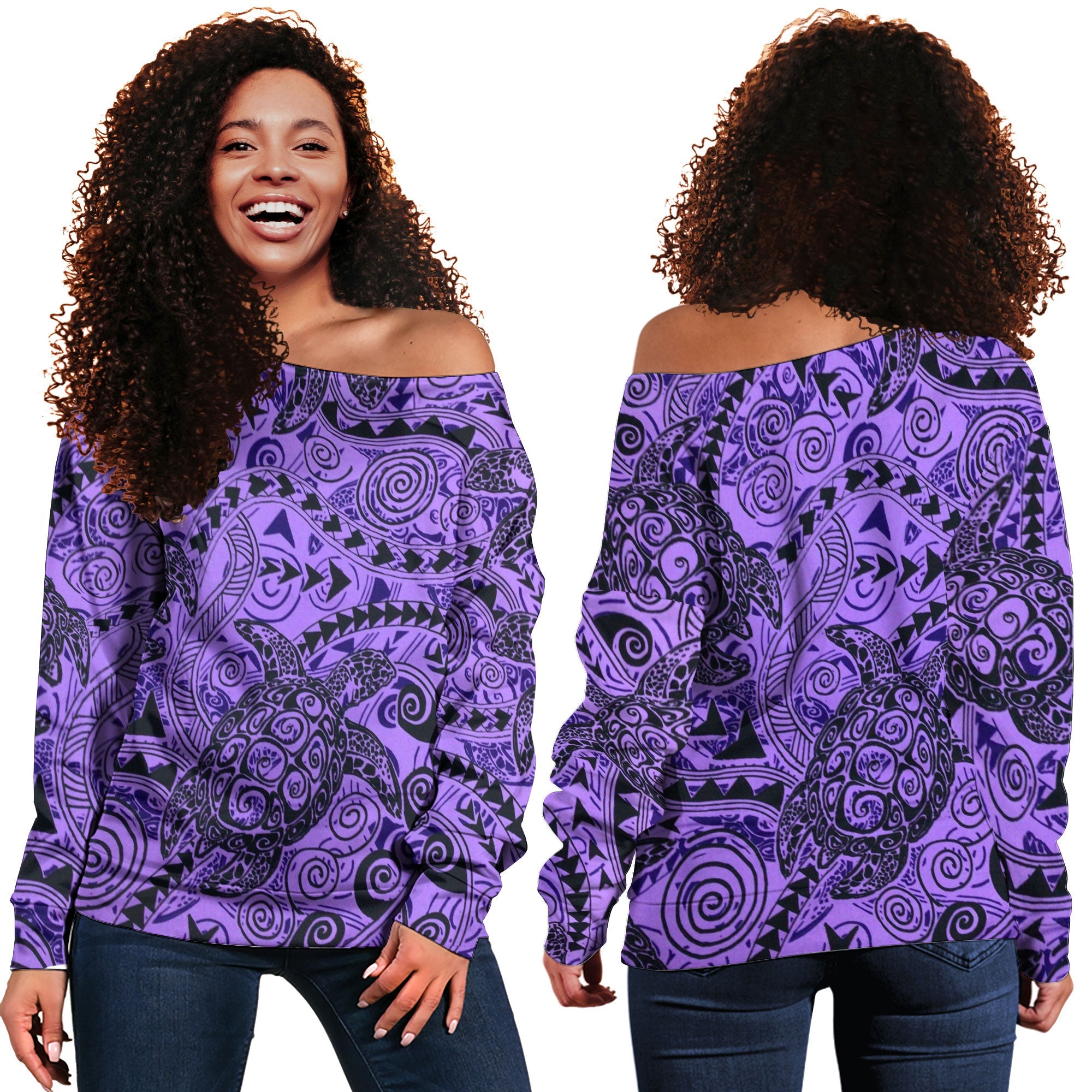 Hawaii Polynesian Turtle Women Off Shoulder Sweatshirt Purple Style