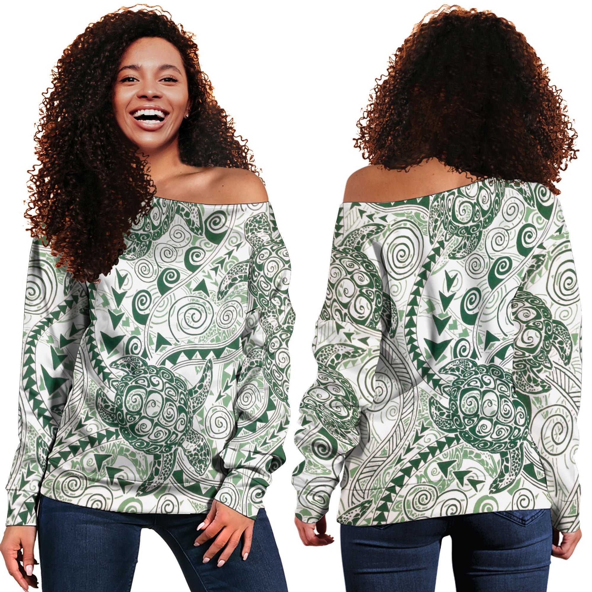 Hawaii Polynesian Turtle Women Off Shoulder Sweatshirt Green Style