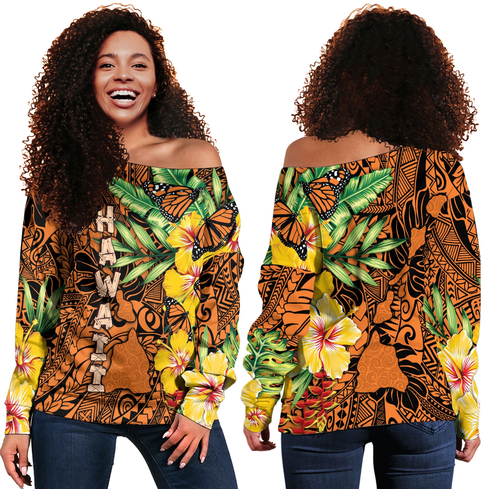 Hawaii Women Off Shoulder Sweatshirt Kamehameha Butterfly Tropical Style